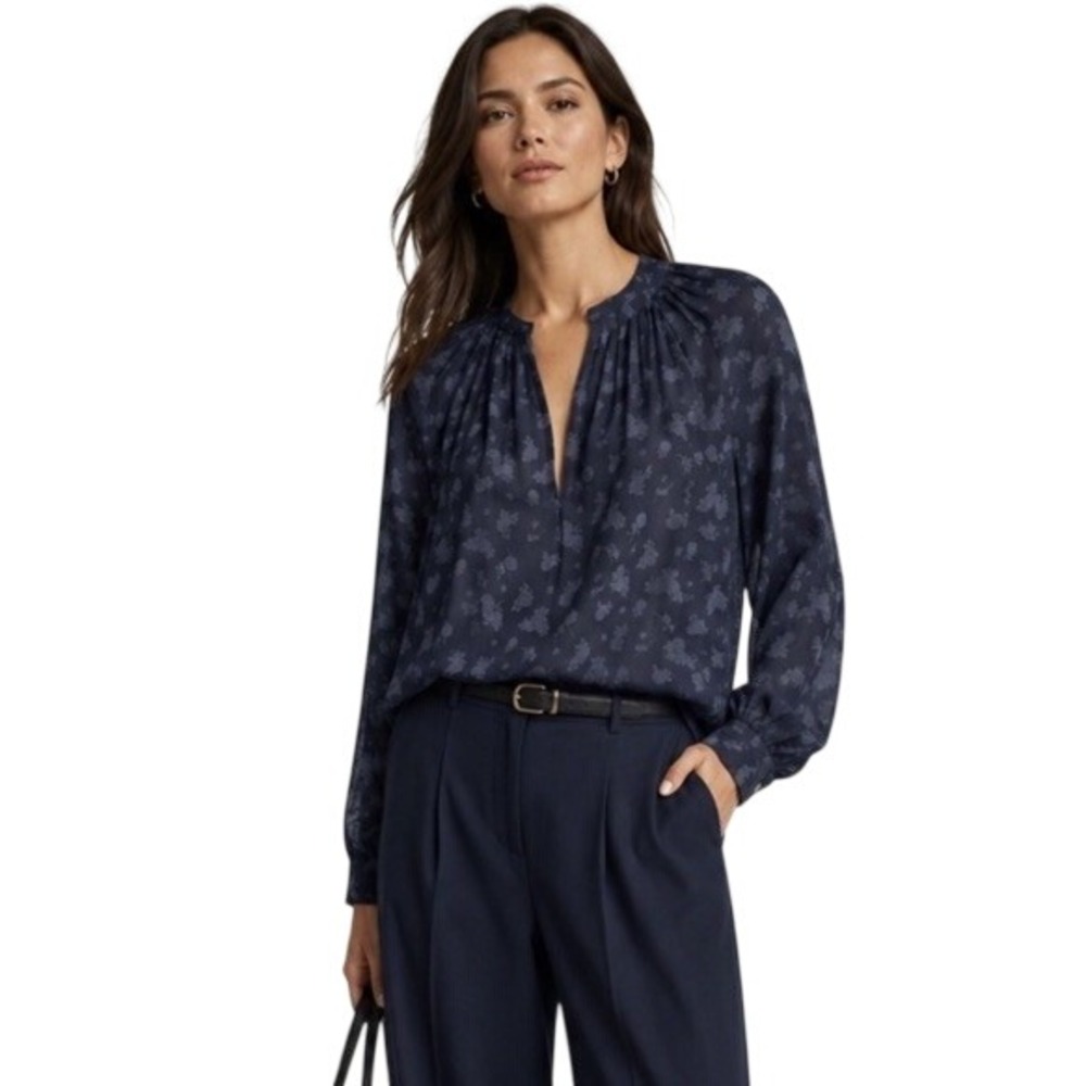 Vince Silk Coastal Blue Calico Long Sleeve Floral Print Blouse Top XSmall
